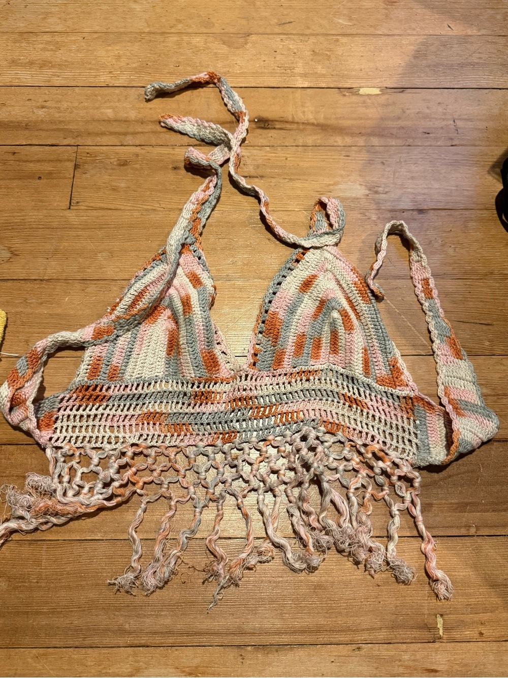 Crochet Fringe Halter Top in Peach, Mint & Cream